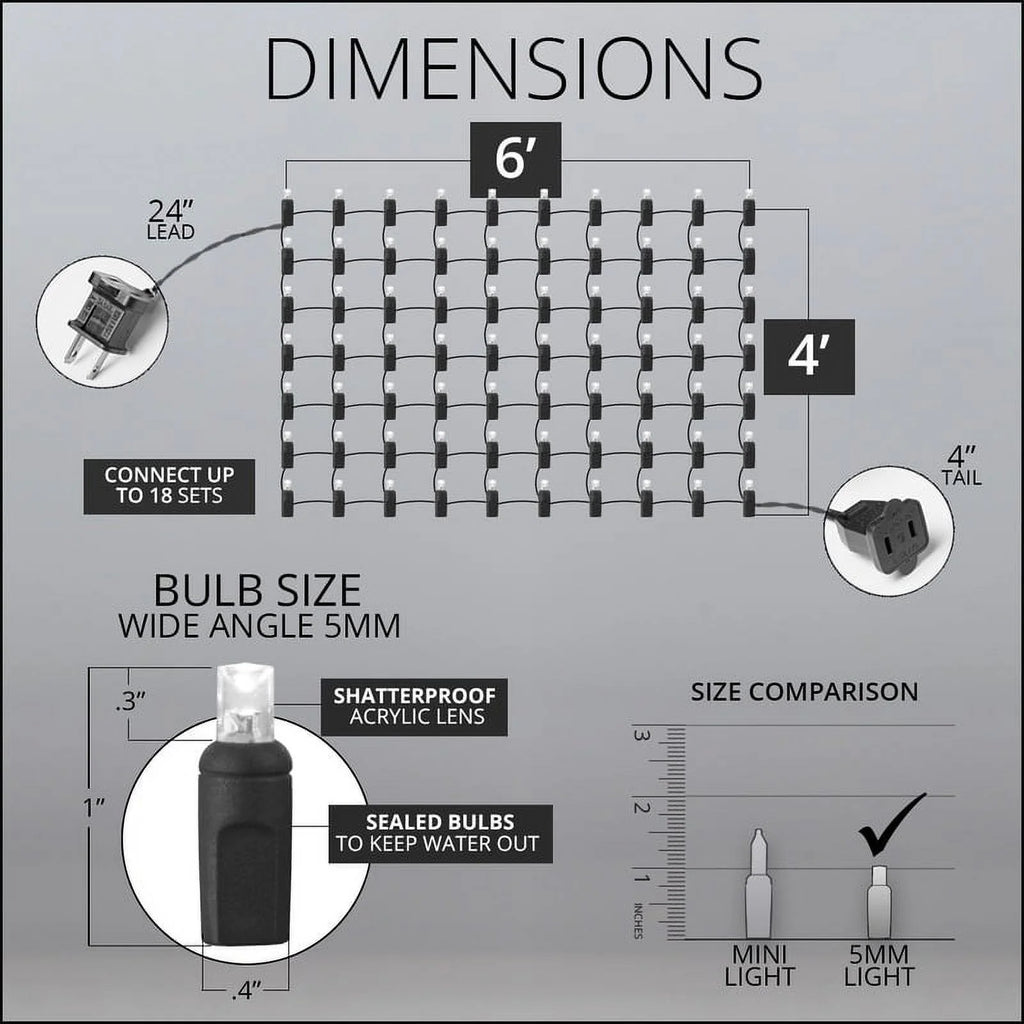Cool White Twinkle Net Lights LED Mesh Lights Christmas String Lights, 4' X 6', 100 Lights - Green Wire