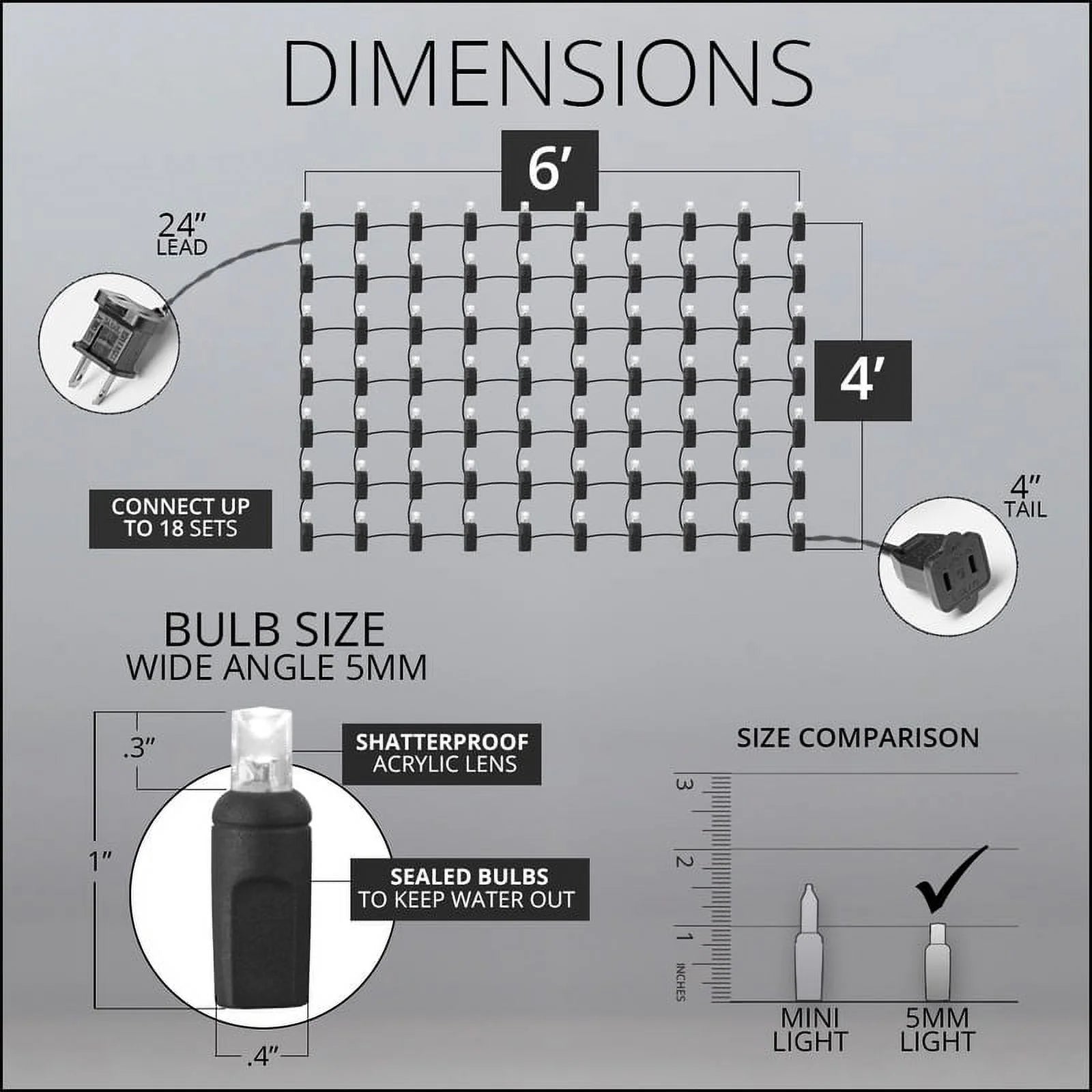 Cool White Twinkle Net Lights LED Mesh Lights Christmas String Lights, 4' X 6', 100 Lights - Green Wire