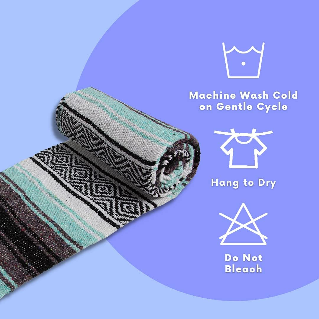 Mexican Yoga Blanket – Colorful Falsa Serape Throw for Yoga, Beach, Picnic, Saddle, or Home Décor – Soft Woven Boho Blanket (Cool Mint & Gray)