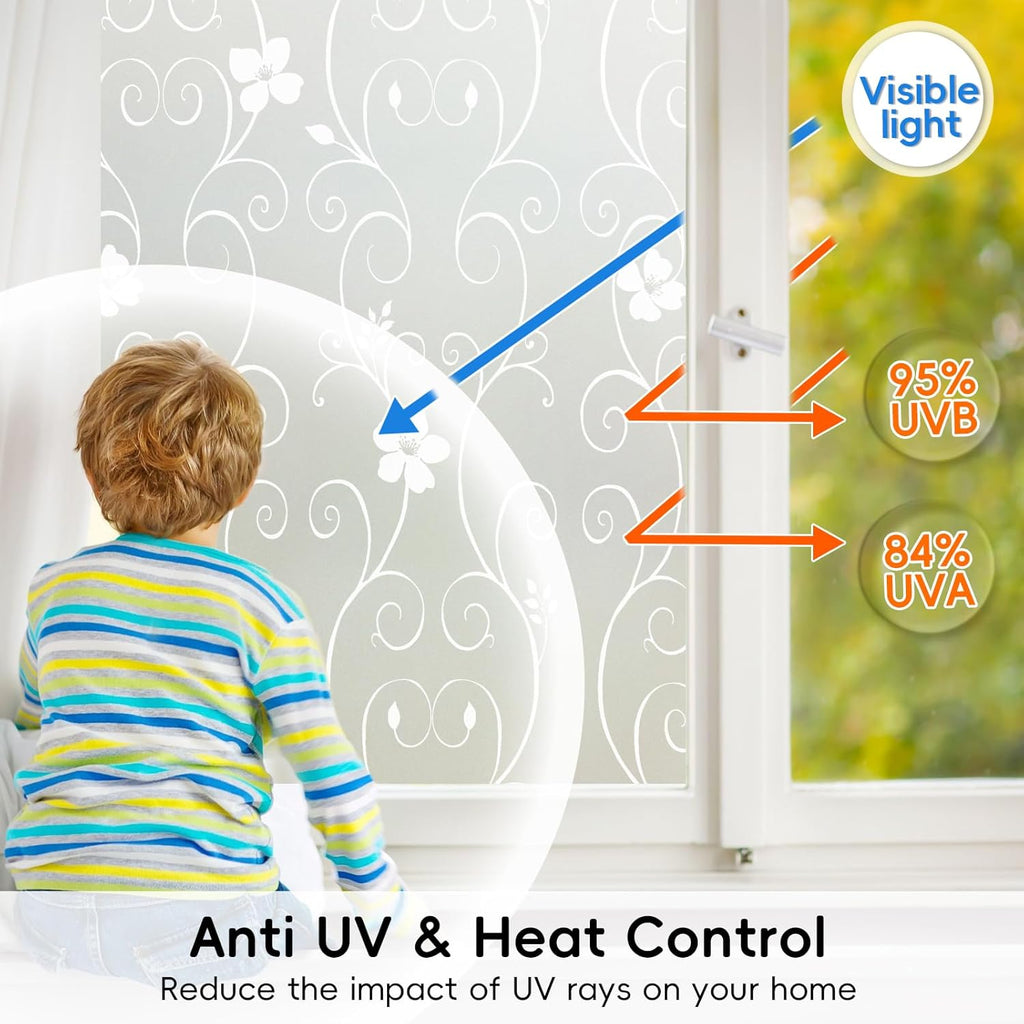 Window Film Privacy Window Film Frosted Glass Film Static Cling Glass Film No Glue Anti-Uv Window Sticker for Bathroom Bedroom Living Room (White Flower-Dp014W, 23.6In. X 78.7In.)