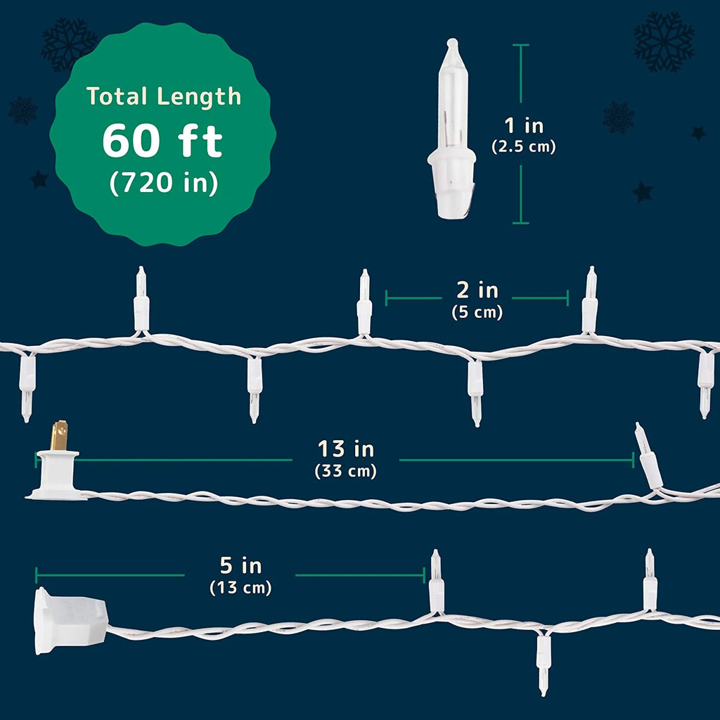 Christmas Lights (60 Feet, 300 Lights) - Clear White Christmas Tree Lights with White Wire - Indoor/Outdoor String Lights - Warm White Twinkle Lights