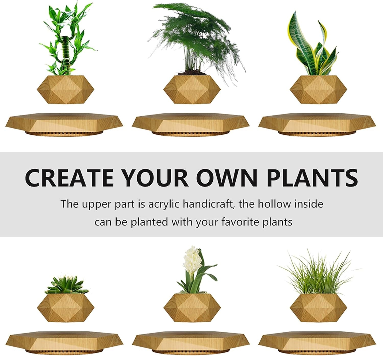 Levitation Air Bonsai Pot, Magnetic Levitating Mini Rotating Flower Pot Planter Suspension Floating Succulents Sky-Garden Plant Potted for Home Living Room Office Desk Decoration (Wood Color)