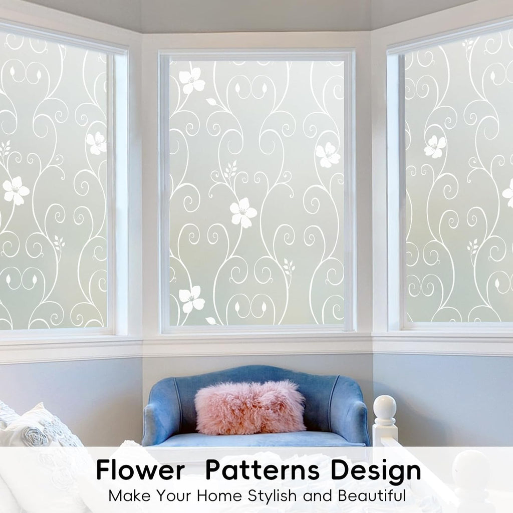 Window Film Privacy Window Film Frosted Glass Film Static Cling Glass Film No Glue Anti-Uv Window Sticker for Bathroom Bedroom Living Room (White Flower-Dp014W, 23.6In. X 78.7In.)