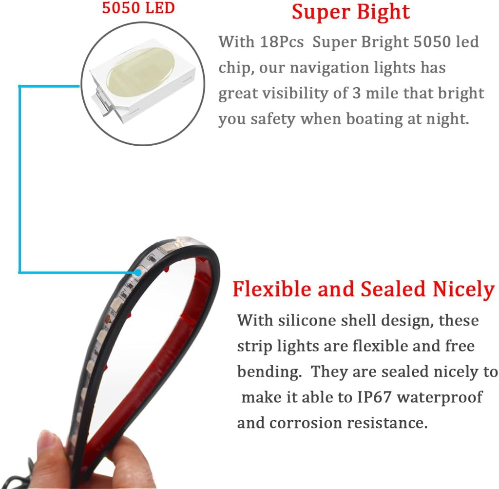 Marine Boat Navigation Lights, Night Fishing Light, No Drilling Adhesive Install Bow Lights for Pontoon, Bass Boats, Jon Boats, Jet Ski, Kayak