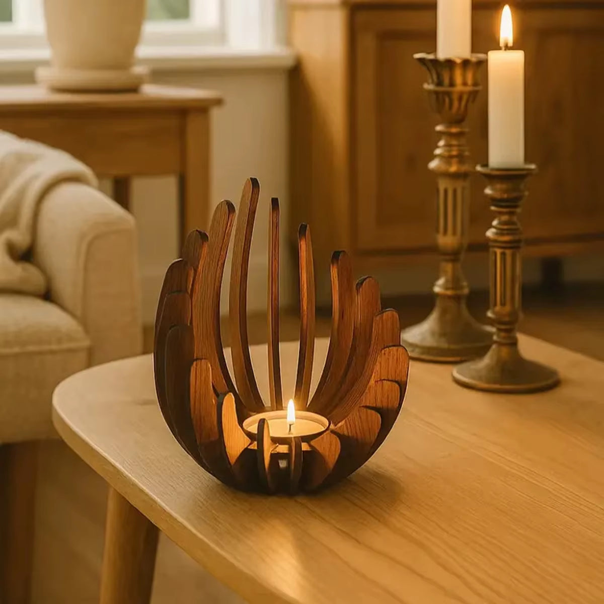 1Pc Hand-Assembled Lotus Candle Holder - Elegant Wooden Tea Light Centerpiece, Home Table Decor for Weddings, Christmas