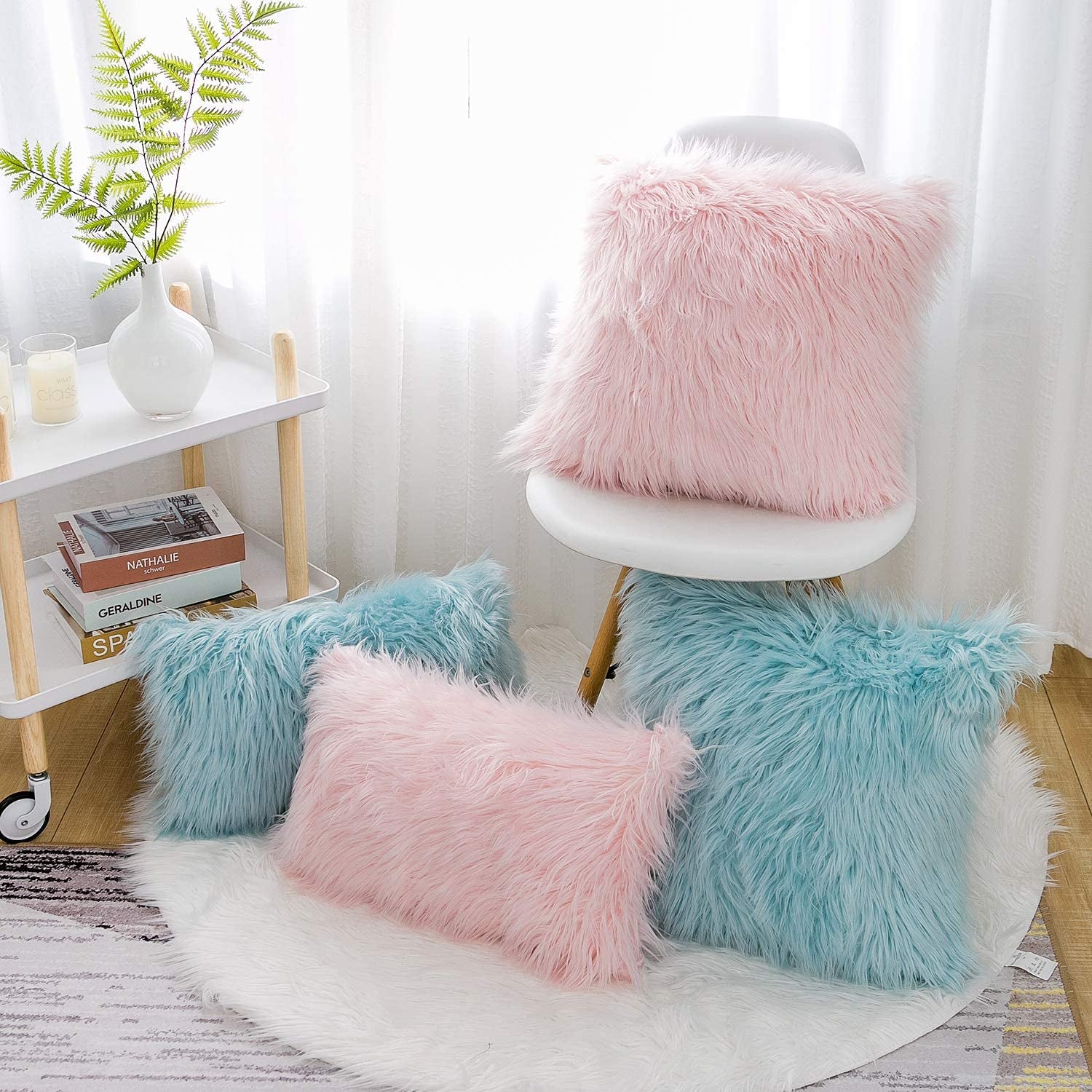 Set of 2 Pink Christmas Decorative Fluffy Pillow Covers New Luxury Series Merino Style Blush Faux Fur Throw Pillow Covers Fuzzy Cushion Case for Sofa Bedroom Living Room Home Decor 18X18 Inch