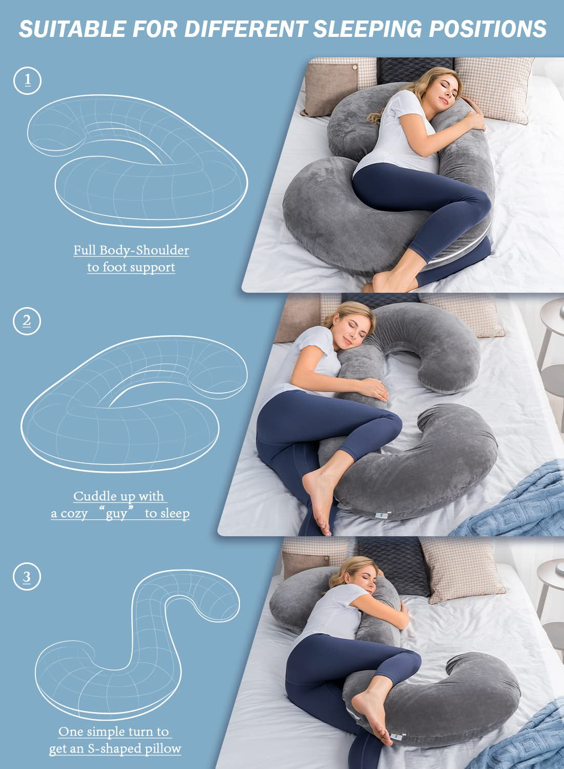 Pregnancy Pillow,Maternity Body Pillow with Velvet Cover,C Shaped Body Pillow for Sleeping (Grey)