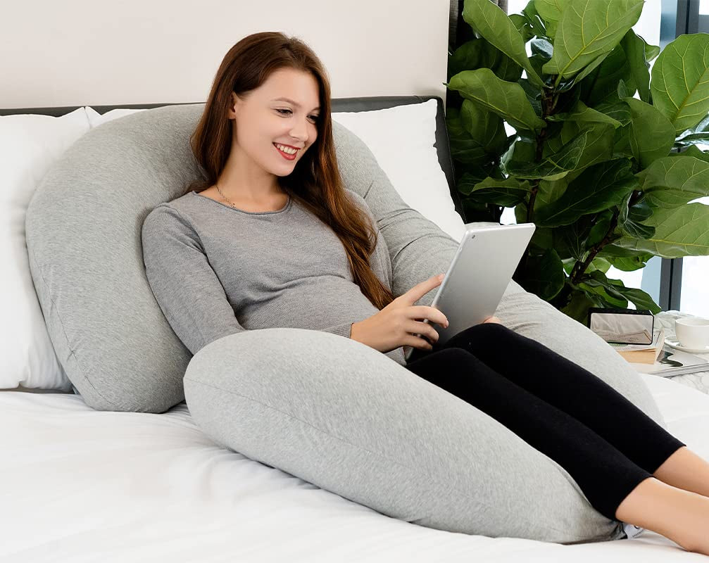 Pregnancy Pillow for Sleeping, Maternity Pillow with Jersey Cotton Cover,C Shaped Body Pillow for Pregnant Women(Grey Jersey)