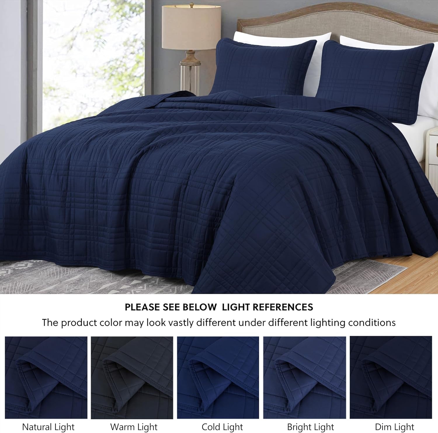 Kingston Queen Size Bedspread Set, 3-Piece Navy Oversized Quilted Microfiber Lightweight Bedspread Coverlet (100"X106") for All Seasons