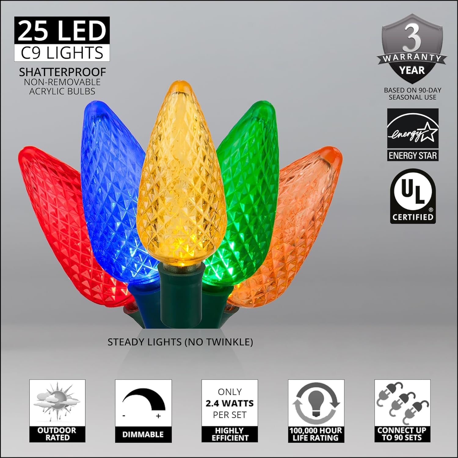 25 C9 Multicolor LED Christmas Lights, 17 Ft – Outdoor C9 Christmas Lights for Holiday, Party, and Yard Decor