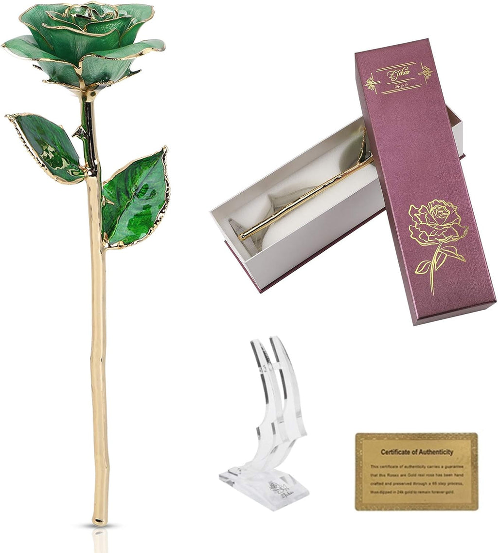 24K Light Green Rose for Her, Dipped Gold Rose Love Real Golden Plated Preserved Forever Flower with Rose Stand Present for Wife/Girlfriend/Lover (Light Green)