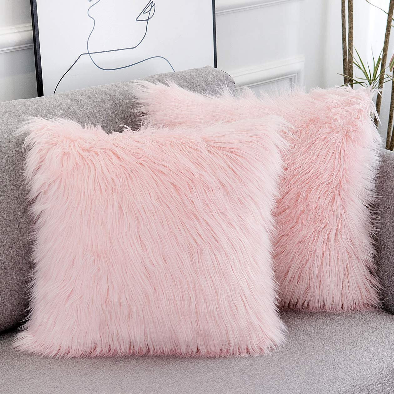 Set of 2 Pink Christmas Decorative Fluffy Pillow Covers New Luxury Series Merino Style Blush Faux Fur Throw Pillow Covers Fuzzy Cushion Case for Sofa Bedroom Living Room Home Decor 18X18 Inch