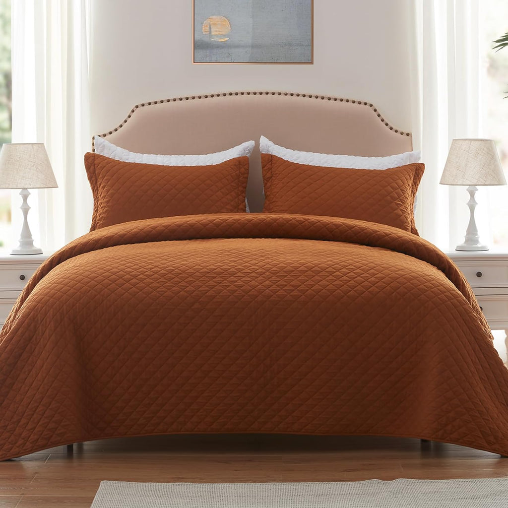 Quilt Set King Brunt Orange, Lightweight Comforter Bedspread Soft Reversible Coverlet King Size for All Season 3Pcs Rust Diamond Quilted Bedding Sets Bed Cover (1 Quilt 2 Pillow Shams)