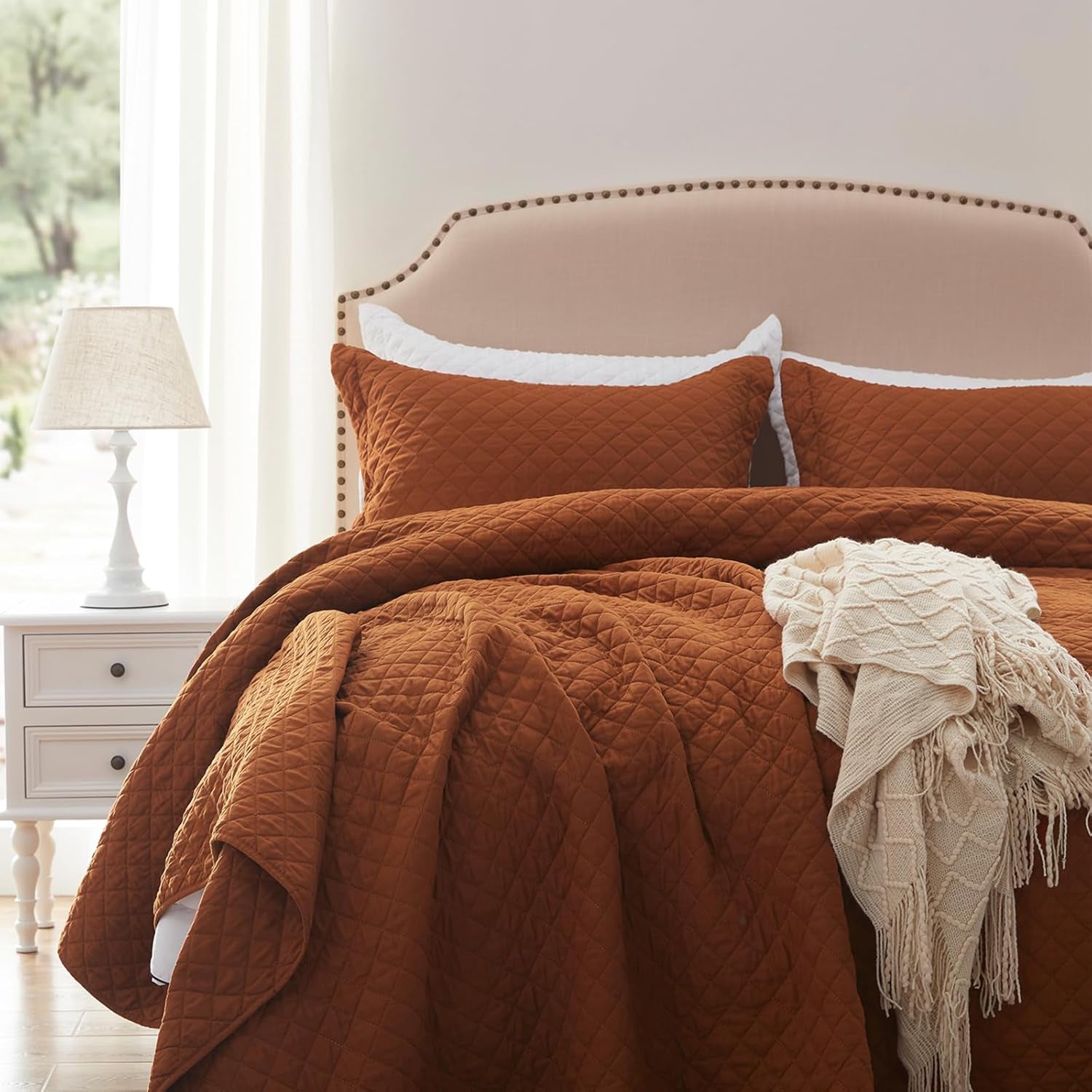 Quilt Set King Brunt Orange, Lightweight Comforter Bedspread Soft Reversible Coverlet King Size for All Season 3Pcs Rust Diamond Quilted Bedding Sets Bed Cover (1 Quilt 2 Pillow Shams)