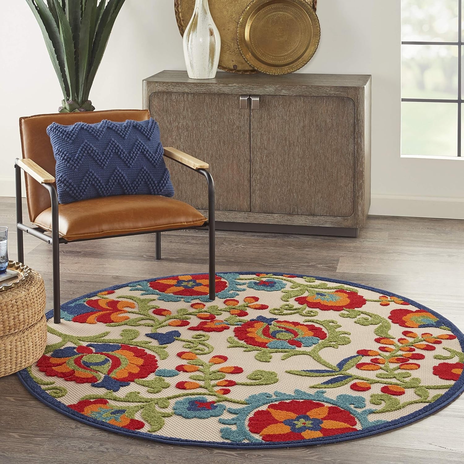 Aloha Indoor/Outdoor Multicolor 4' X round Area Rug, Easy Cleaning, Non Shedding, Bed Room, Living Room, Dining Room, Backyard, Deck, Patio (4 Round)