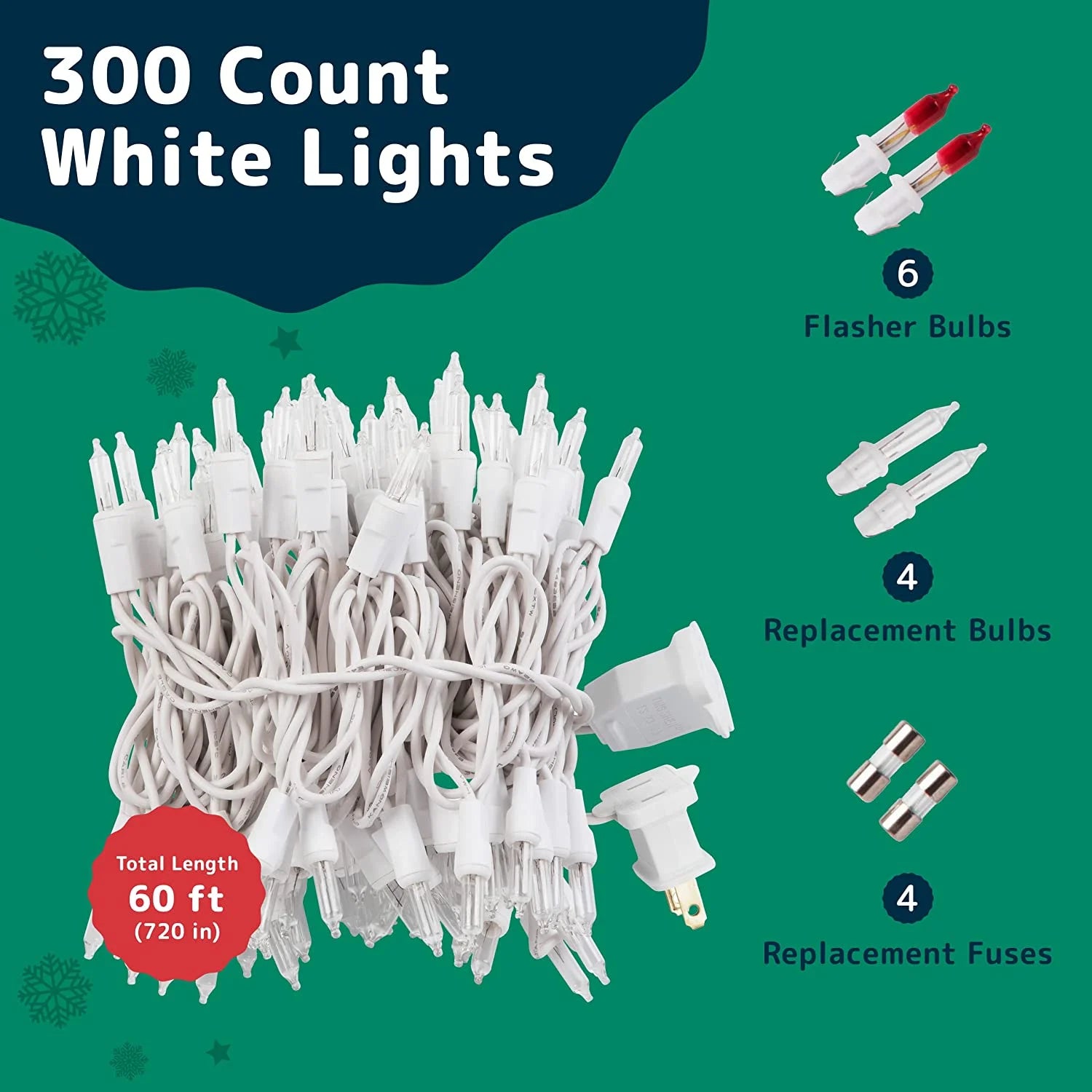 Christmas Lights (60 Feet, 300 Lights) - Clear White Christmas Tree Lights with White Wire - Indoor/Outdoor String Lights - Warm White Twinkle Lights