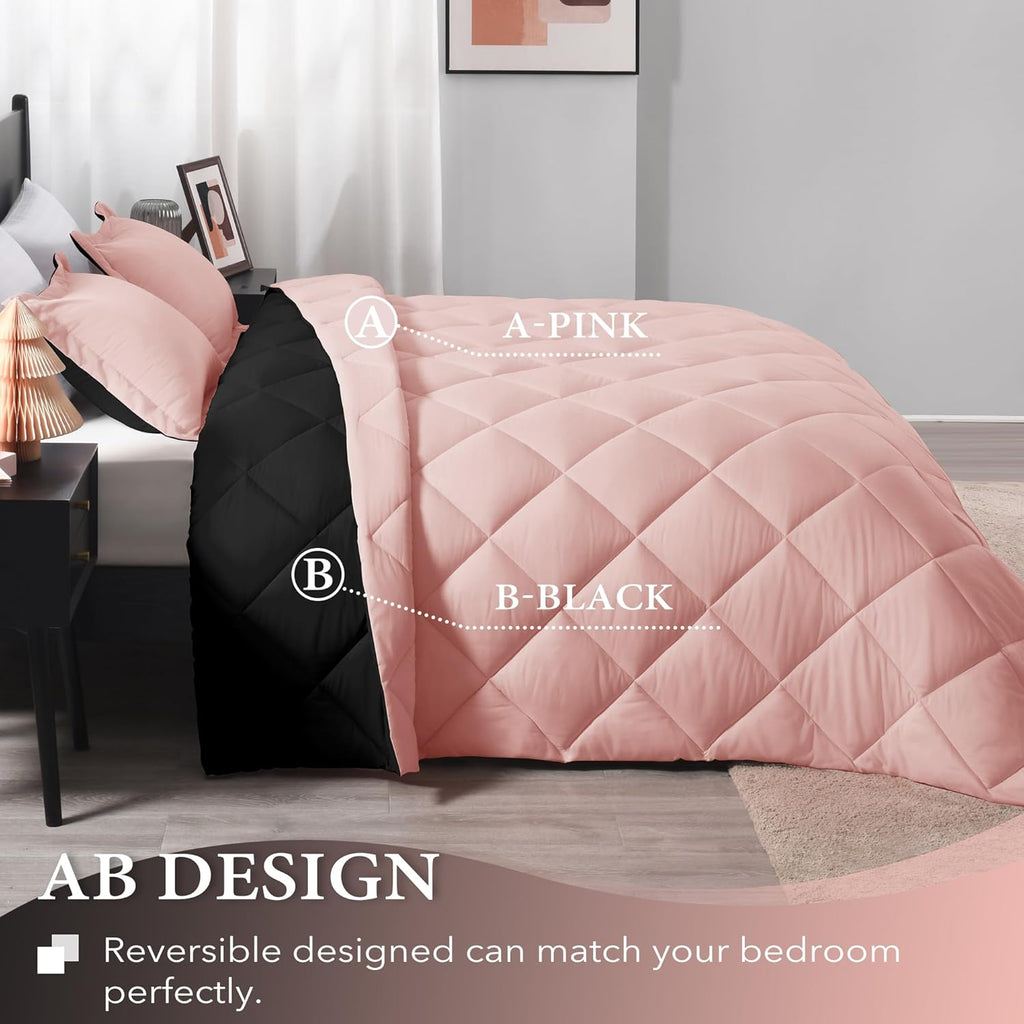 Twin Comforter Set - Pink and Black Twin Comforter, Soft Bedding Sets for All Seasons -2 Pieces - 1 Comforter (66"X92") and 1 Pillow Sham(20"X26")