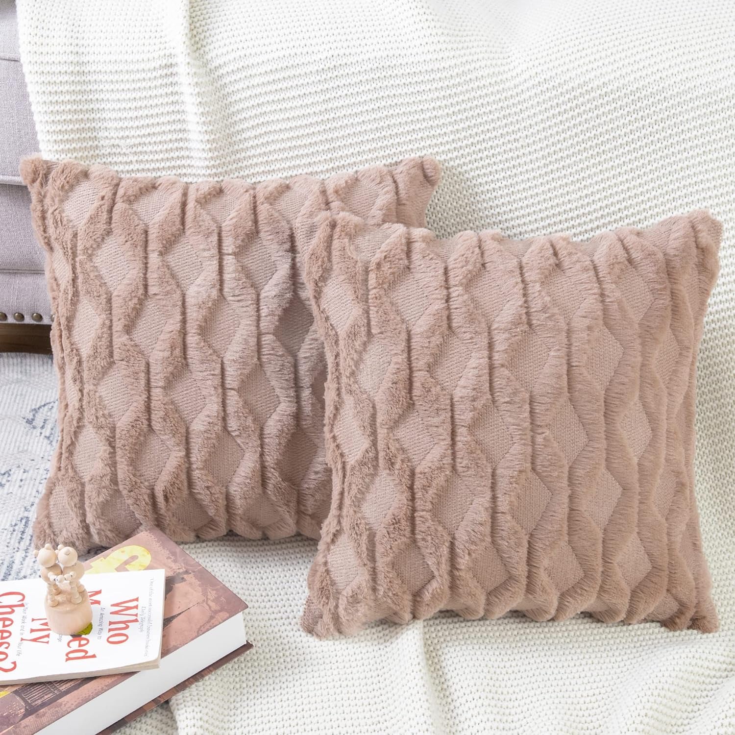 Set of 2 Soft Polyester Short Wool Velvet Decorative Throw Pillow Covers 26X26 Inch Light Brown Square Luxury Style Cushion Cases European Pillow Shell for Sofa Bedroom