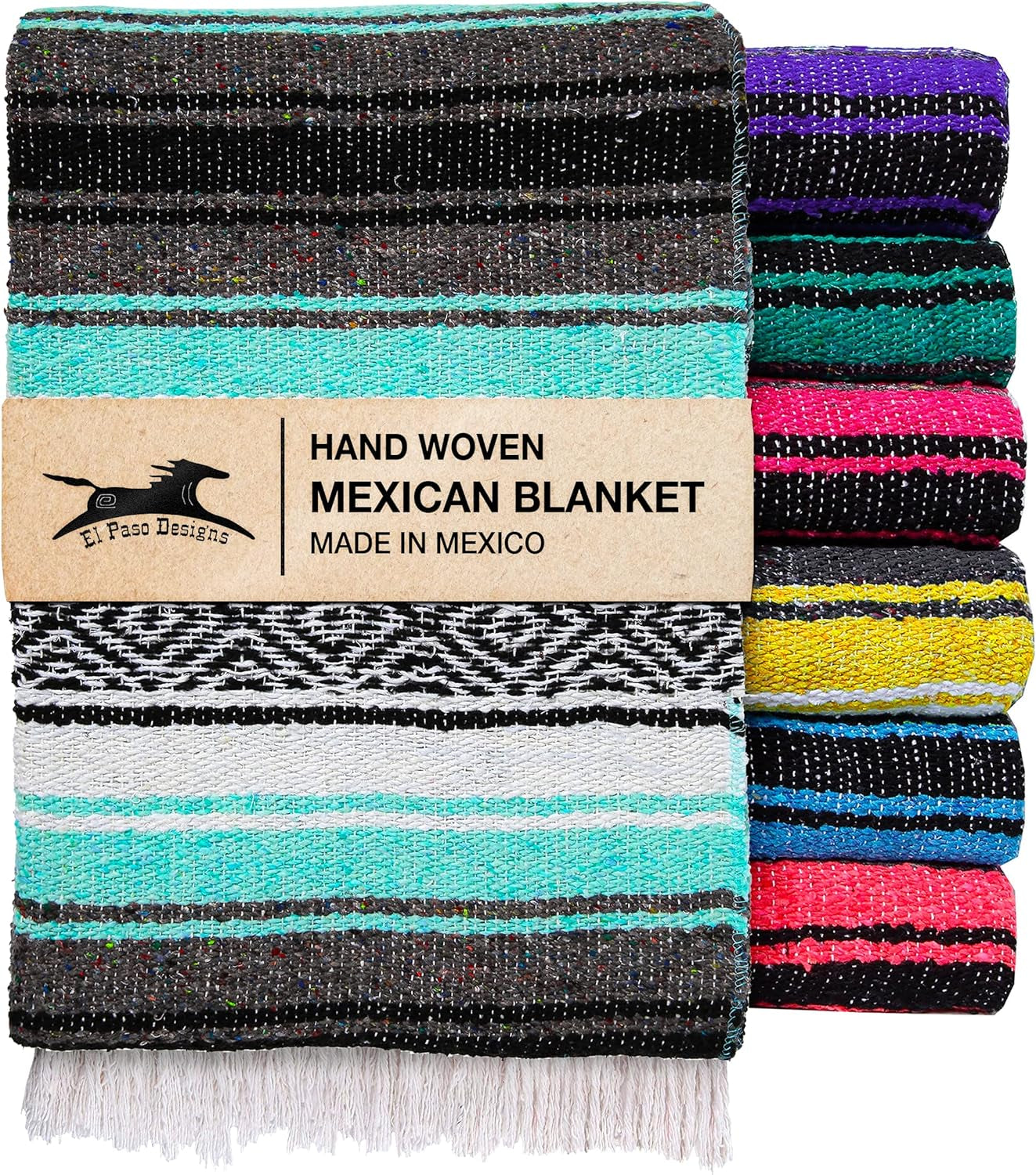 Mexican Yoga Blanket – Colorful Falsa Serape Throw for Yoga, Beach, Picnic, Saddle, or Home Décor – Soft Woven Boho Blanket (Cool Mint & Gray)