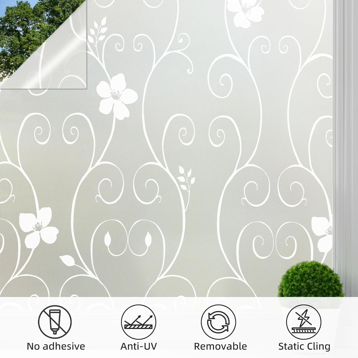 Window Film Privacy Window Film Frosted Glass Film Static Cling Glass Film No Glue Anti-Uv Window Sticker for Bathroom Bedroom Living Room (White Flower-Dp014W, 23.6In. X 78.7In.)